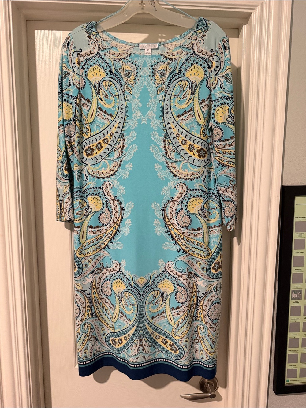 London Times Turquoise Paisley Long Sleeve Shift Dress